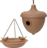 Decoris Vogelhuisje en voederschaal/vogelbadje - terracotta - bamboe - nestkastje