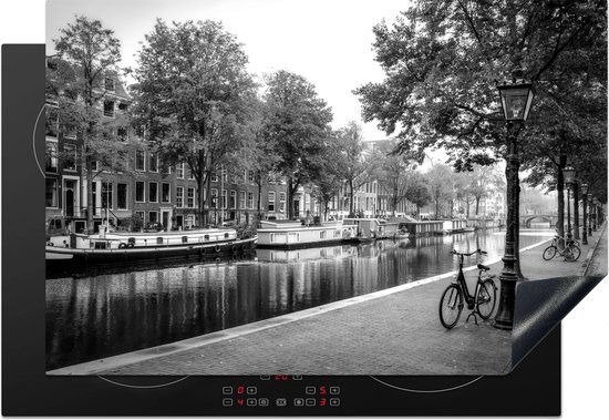 KitchenYeah® Inductie beschermer 77x51 cm - Woonboten in de grachten van Amsterdam - zwart wit