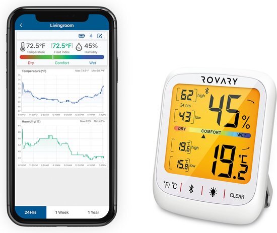 Rovary Hygrometer met App RH10- luchtvochtigheidsmeter - thermometer voor binnen - hygrometer voor binnen - thermometer - Digitaal