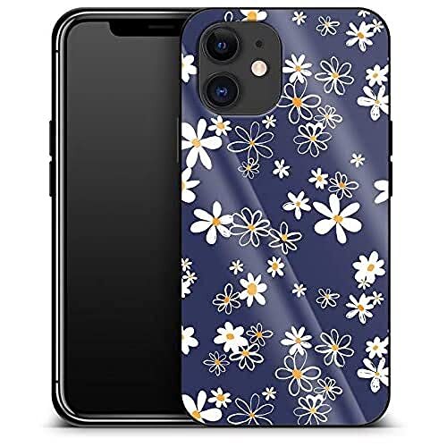 caseable caseable Apple iPhone 12 Mini luxe glazen telefoonhoes - schokabsorberend & krasbestendig oppervlak - kleurrijk design - Navy Daisies - bloemen bloemen