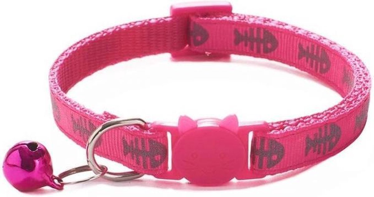 DecoDuoBelle - kattenhalsband Snoppe - kattenbandje met bel - halsband kat of hond - belletje - reflecterend - veiligheidssluiting - visgraat - donker roze