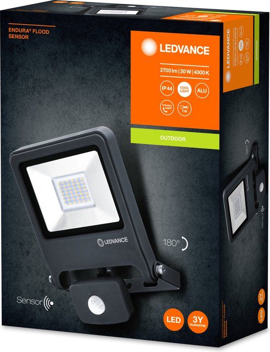 Ledvance Endura Flood LED Schijnwerper - 30W - 2700lm - 4000K - Zwart - Met Sensor