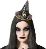 Atosa Halloween heksenhoed - mini hoedje op diadeem - one size - zwart/zilver
