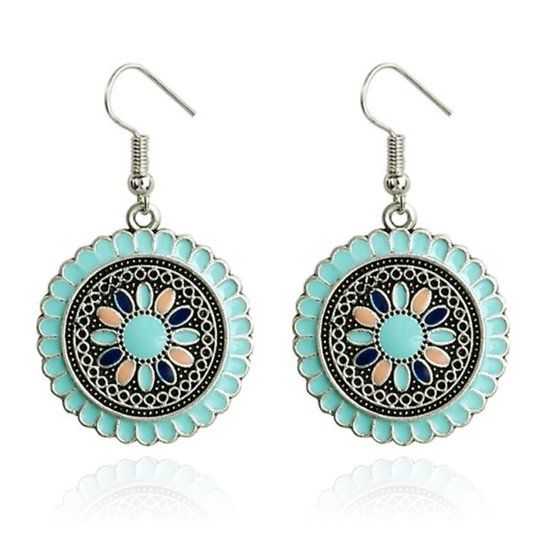 Deja Jewels Lookinggoodtoday Ronde zilverkleurige dames oorbellen Ibiza multicolor turquoise