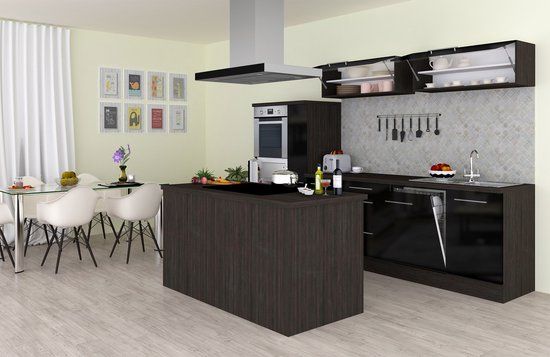 Respekta® Eilandkeuken 310 cm Amanda - Eiken grijs/Zwart - complete keuken met apparatuur