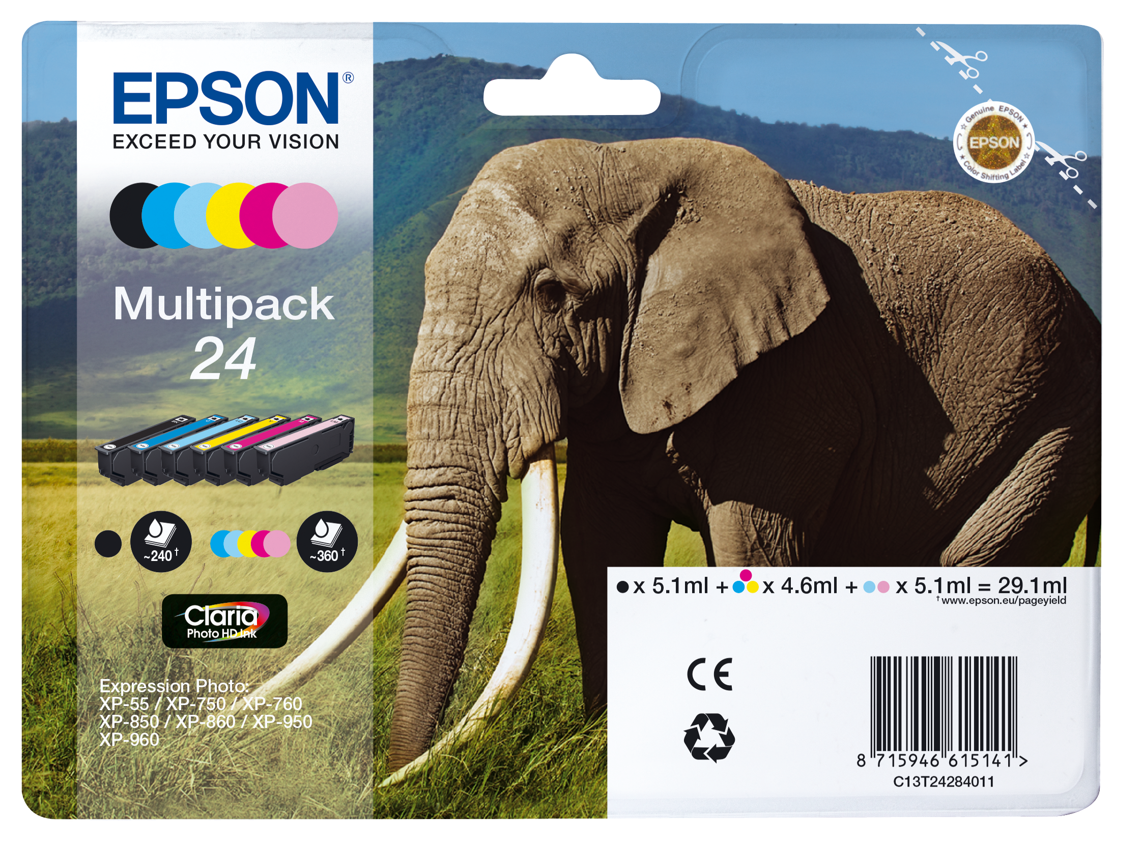 Epson Elephant Multipack 6-colours 24 Claria Photo HD Ink multi pack / cyaan, geel, magenta, zwart, Lichtmagenta, Lichtyaan