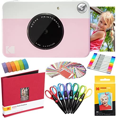 Kodak Printomatic Instant Camera (roze) kunstpakket + zink papier (20 vellen) + 8 x 8-stoffen verzamelalbum + 12 dubbele punten markeringen + 100 stickers + 6 scharen + Washi Tape