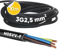 Kalitec H05VV-F kabel 10 meter 3x2,5 mm² | 3G2,5 mm² kabel d'alimentation avec conducteur de protection | câble PVC pour usage intérieur | câble électrique noir | câble de lampe flexible | câble d'appareil à 3 conducteurs