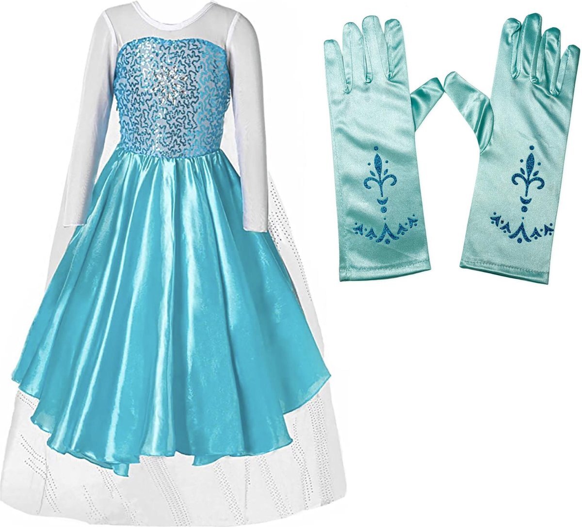 Het Betere Merk Carnavalskleding - Frozen Elsa Jurk met sleep - maat 140/146 (150) - Handschoenen - Prinsessenjurk