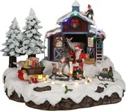 Luville Kerstdorp Miniatuur Santa's Dorp met Kerstman, Elfjes en Rendier - Kerstversiering met Roterend Plateau en Verlichting - Kerst Deco Tafereel met Adapter - L23,5 x B21 x H20 cm - Meerkleurig