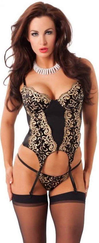 Rimba - Corset Met String En Kousen - Zwart/Goud S
