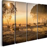 Artaza Canvas Schilderij Vierluik Kudde Koeien In De Wei Met Zonsopkomst - 160x120 - Foto Op Canvas