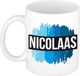 Bellatio Decorations Nicolaas naam cadeau koffie mok - beker - met blauw verfstrepen - Cadeau collega - vaderdag - verjaardag - meester - coach - 300 ml - wit