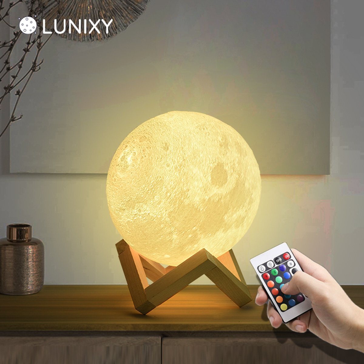 LUNIXY Lunixy® Maan Lamp 3D Tafellamp - Maanlamp - Lavalamp - 15 cm - Accu tot 89 uur - 16 Dimbare LED Kleuren – Afstandsbediening