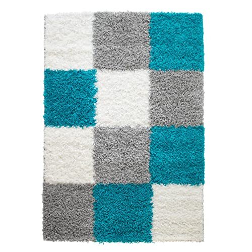 Mynes Home Shaggy tapijt hoogpolig turquoise grijs wit 30 mm / langpolig tapijten geruit / loper gang / 70x250 cm