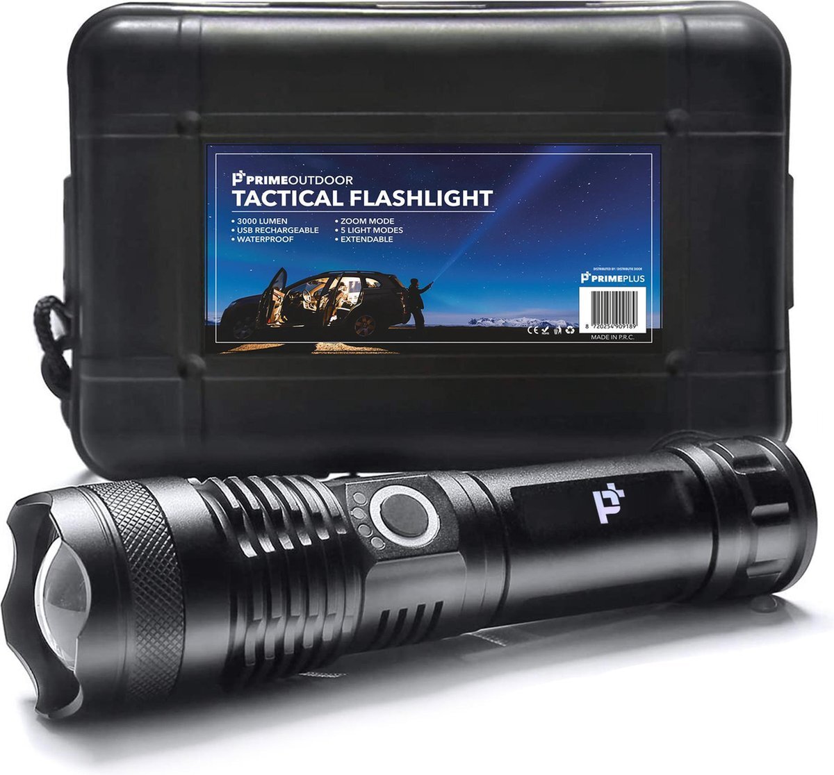 PrimePlus PrimeOutdoor Ultra Zaklamp - Militaire LED Zaklantaarn met Oplaadbare Batterij - 3000 Lumen - IP65 Waterdicht - Telescopische Zoom