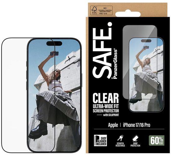 SAFE by PanzerGlass Ultra-Wide Fit Screenprotector met EasyAligner geschikt voor Apple iPhone 17 / 16 Pro