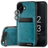 SURAZO Echt leren achterhoes voor Apple iPhone 16, stootvast leren telefoonhoes, camerabescherming, glas, kaartvak, standfunctie, sleutelhangertje, beschermhoes met sleutelhanger, turquoise