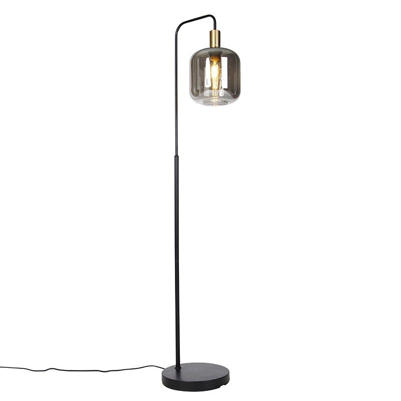 QAZQA Design vloerlamp zwart met goud met smoke glas - Qara