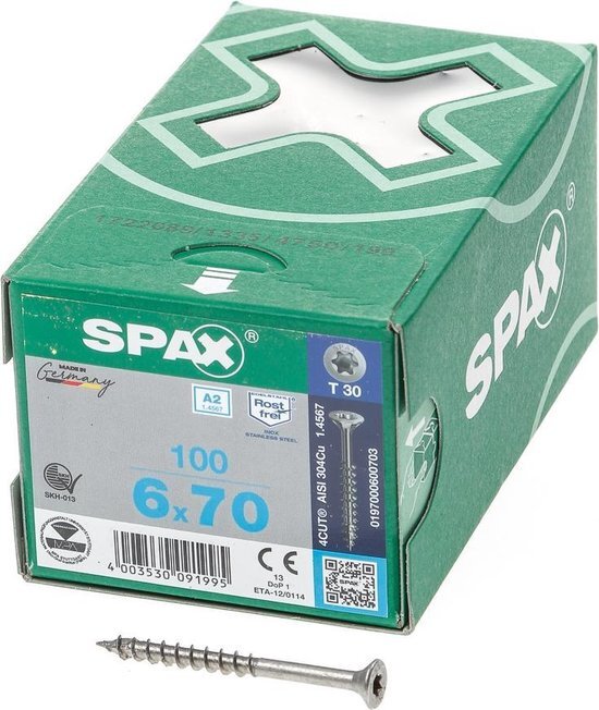 Spax R.v.s. schroef, 6 x 70 mm, 100 stuks, deel schroefdraad, platkop, T-STAR plus T30, 4CUT, roestvast staal A2 - 0197000600703