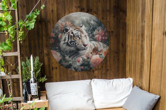 GreatGardenPosters Tuincirkel Tijger - Wilde dieren - Bloemen - Jungle - 90x90 cm - Ronde Tuinposter - Buiten