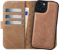 Rosso Elite Hoesje Geschikt voor Apple iPhone 15 | Compatibel met MagSafe | Book Case en Back Cover | Magnetisch Uitneembaar | Echt Leer Beschermhoes met Pasjeshouder | Lichtbruin