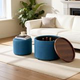 OKWISH Opbergpoef Set - 2 Ronde Nestbare Hockers - Met Opbergruimte En Houten Blad - Blauw Linnen - Diameter 58 cm
