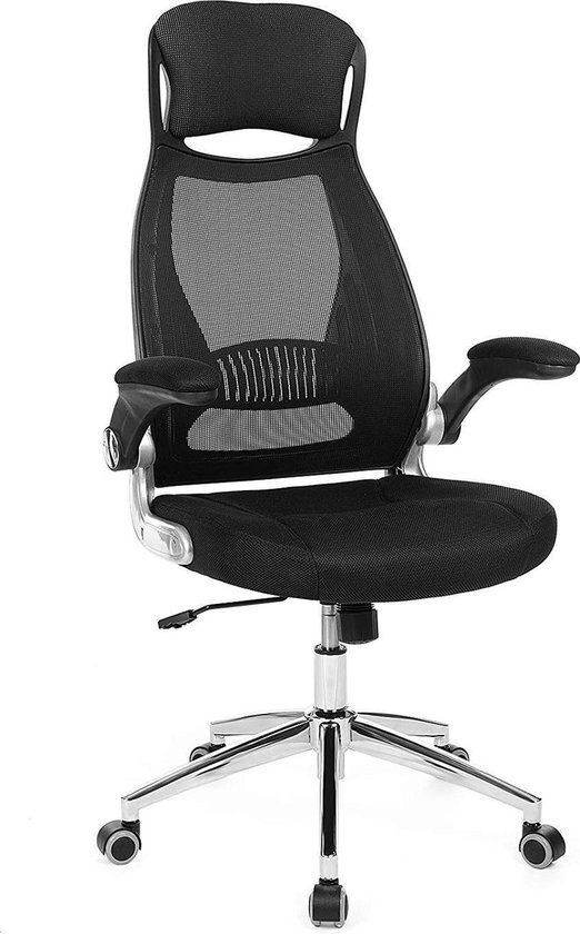 Songmics OBN86BK Bureaustoel, draaistoel, bureaudraaistoel met hoofdsteun, inklapbare armleuningen, kantelfunctie, zwart