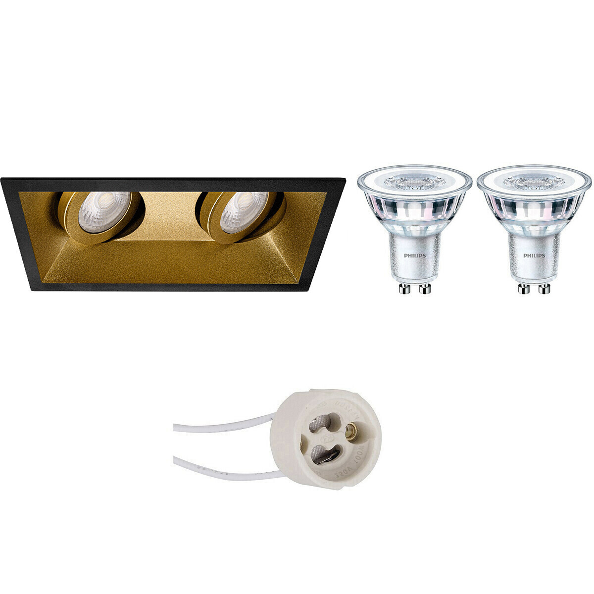 BES LED LED Spot Set - Pragmi Zano Pro - GU10 Fitting - Inbouw Rechthoek Dubbel - Mat Zwart/Goud - Kantelbaar - 185x93mm - Philips - CorePro 830 36D - 5W - Warm Wit 3000K - Dimbaar