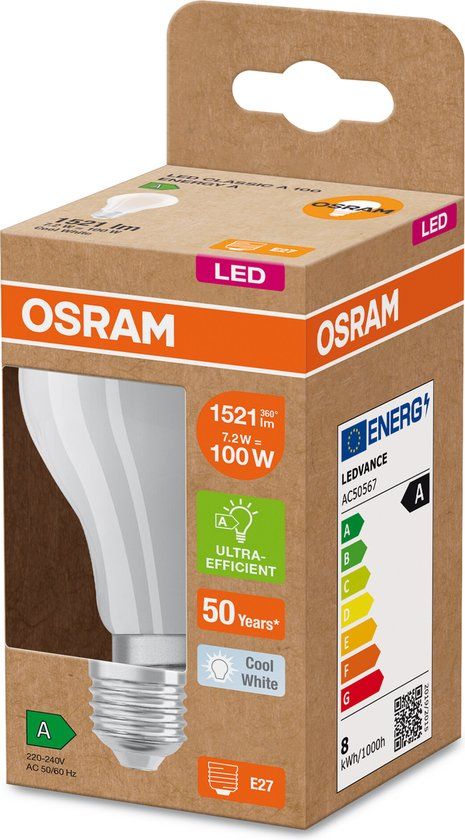 Osram Classic LED E27 Peer Filament - 7.2W - 1521lm - 4000K - Koel Wit Licht