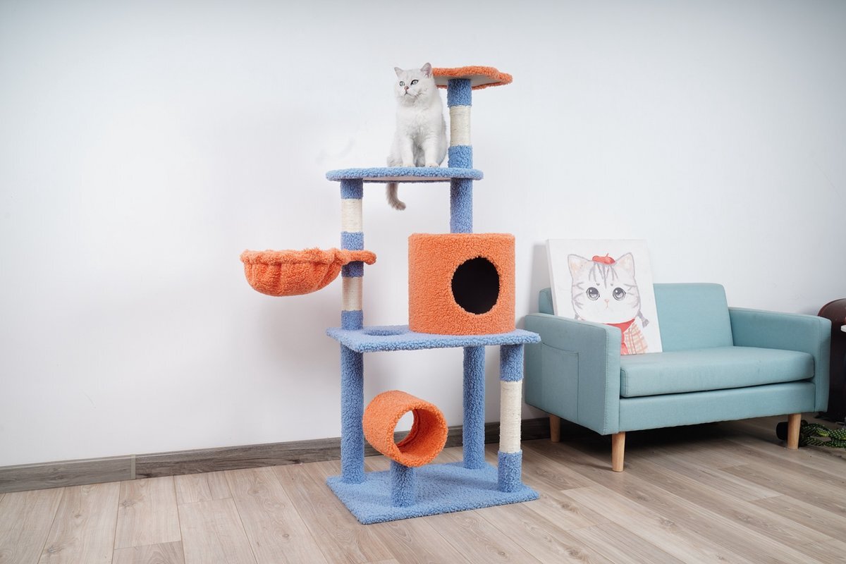 Beyoliving Krabpaal -Kattenhuis-Kattenhuis met sisal beklede -krabpalen -Pluche woontoren -accommodatie Hangmat Krabpaal -activiteitencentrum- Zitstokken -Platform -Bungelende -ballen voor kittens - 134cm hoog -Oranje en Blauw