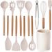 Famanu Keukengerei set, siliconen kookgerei met houten handvat, hittebestendig, anti-aanbak tang, spatel, lepel set met opbergemmer, vaatwasmachinebestendig, 12 stuks