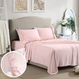 Hudson & Main Beddengoedset 4-delig, ultrazacht en elegant, met 5,1 cm zoom met ruches aan lakens en kussenslopen, strijkvrij, kleurecht, diepe tas, geborstelde microvezel, tweepersoonsbed, rouge roze