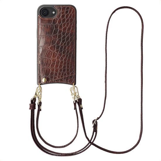 Selencia Hoesje - Geschikt voor Apple iPhone 17e / 16e - Croco Backcover met koord en pashouder - Burgundy
