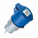 Industriële adapter IP44 M2P + socket 2P + T, waterdicht, ideaal voor het aansluiten van apparaten buiten en in industriële omgevingen.