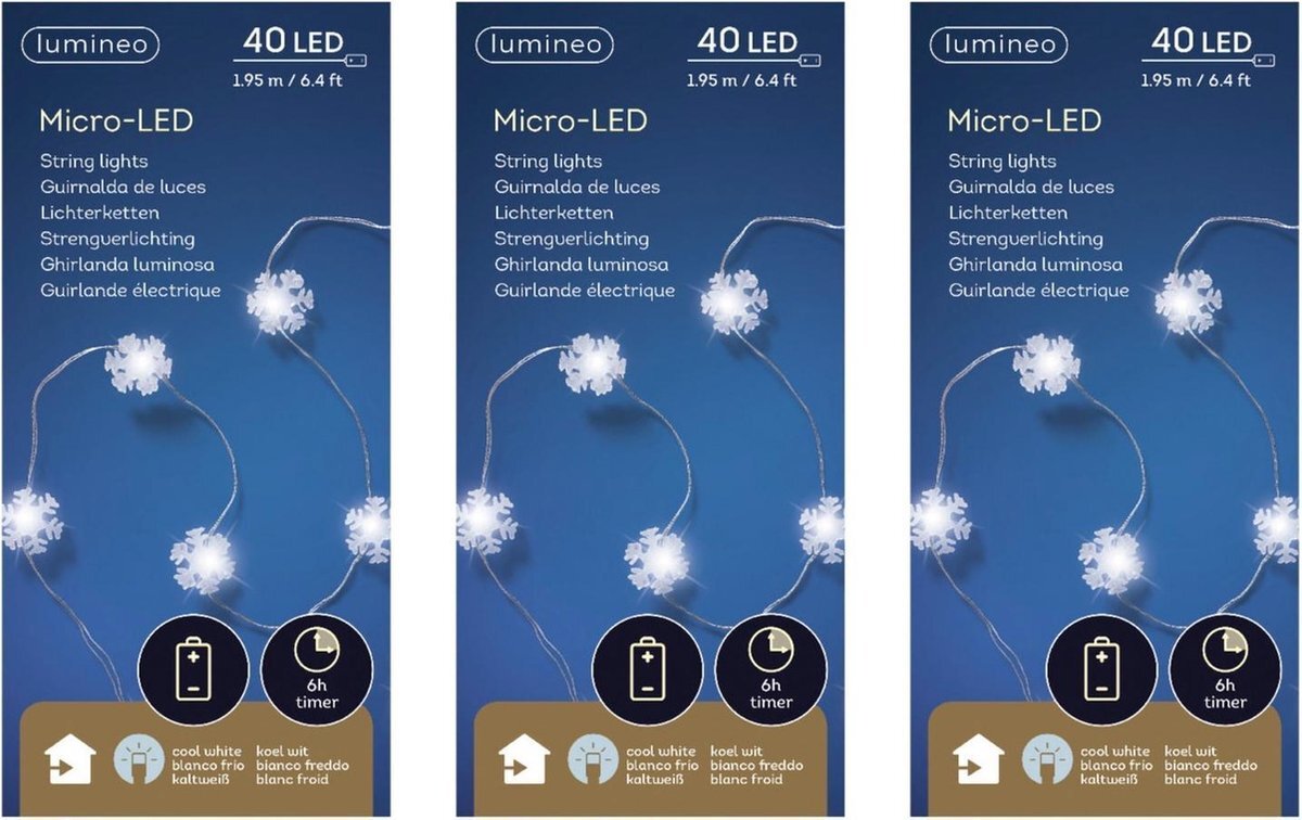 Lumineo 3x stuks sneeuwvlokken lichtsnoeren met timer 40 lampjes wit op batterij - Sneeuwvlok verlichting - Kerstlampjes/kerstlichtjes