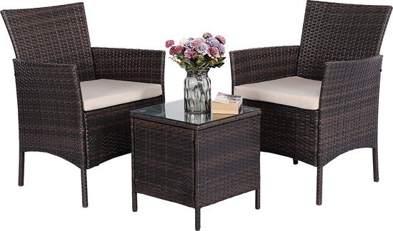 Maxx-garden Tuinset - Set van 2 tuinstoelen - Wicker 3 delig - rattan met kussens - Bruin