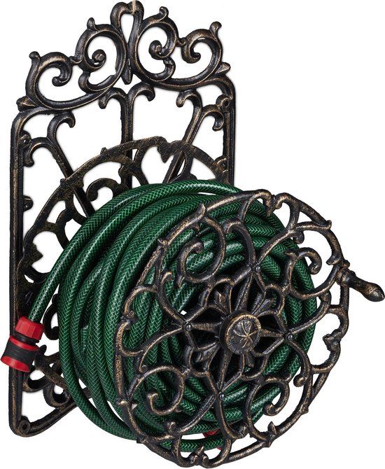 Relaxdays Tuinslanghouder - Gietijzer - Wandslanghouder - Zwart/Goud - XL