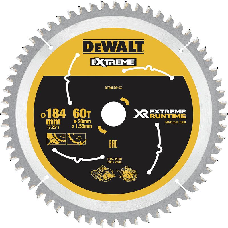 DeWALT Cirkelzaagblad Xtreme Runtime 184mm x 20mm 60T