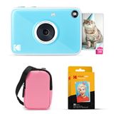 KODAK Printomatic+ 10MP Instantcamera Startpakket (Roze) met Draagtas, RGB-LED-indicator en ZINK 20-stuks Kleefpapier – Blauw