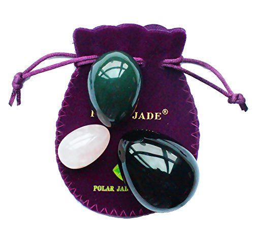 Polar Jade Yoni Eier Driedelige set met 3 maten en 3 steen, geboord, met ongewaxste zijdenkoord & handleiding (mogelijk niet beschikbaar in het Nederlands), van Nephrit, rozenkwarts en obsidiaan, voor Yoni liefde spieren massage in kegeloefeningen,