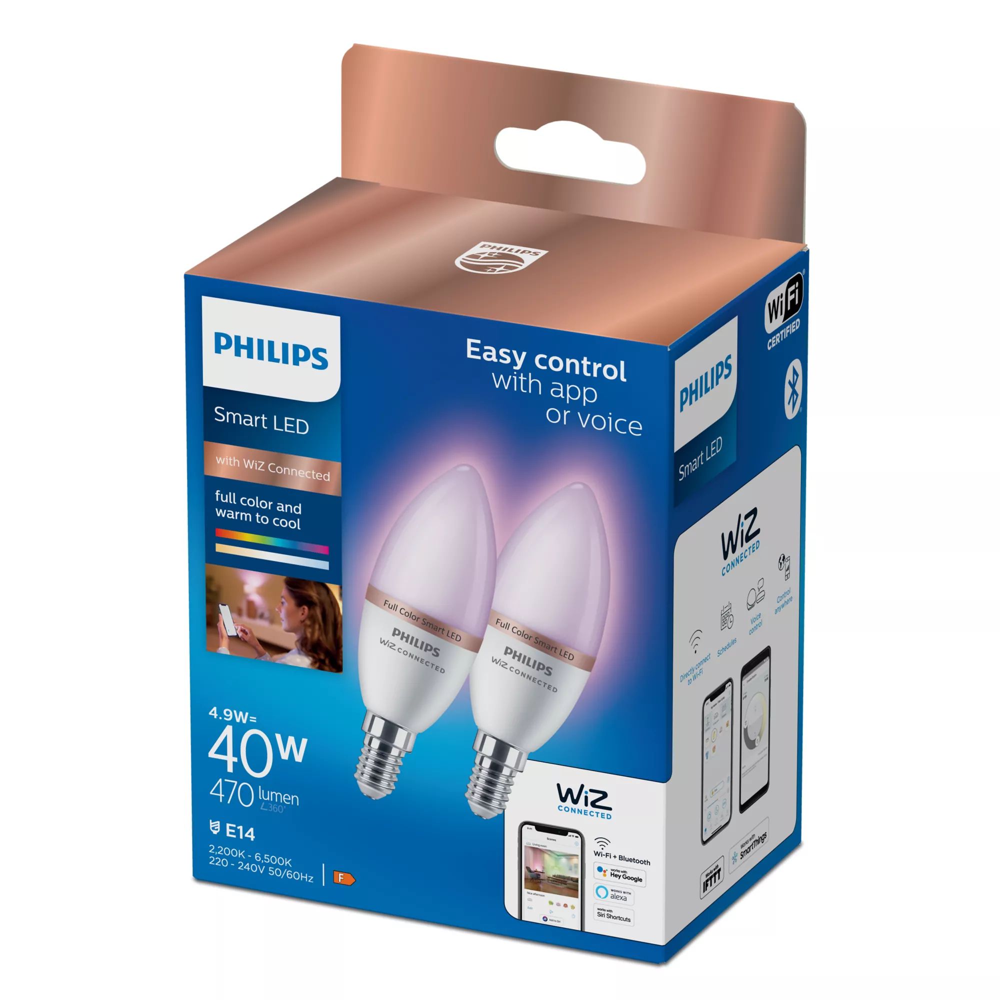 Philips Hue Philips Smart Lighting Kaarslamp 2-pack - Slimme LED-Verlichting - Gekleurd en Wit Licht - E14 - 40W - Mat - Wi-Fi