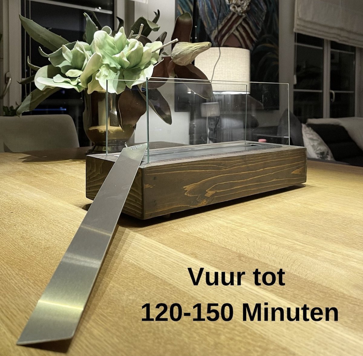 Double T Concept Double T Concept® Juno Walnoot - Brand Tot Wel 150 Minuten - Bio Ethanol Sfeerhaard - Tafelhaard - Vuurkorf - Terrashaard - Verwarming - Natuurlijk Hout - 41x16x19cm