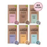De Koffiejongens - Proefpakket - 60 Koffiecups - 6 Smaken - Biologisch & Composteerbaar - Nespresso Compatible