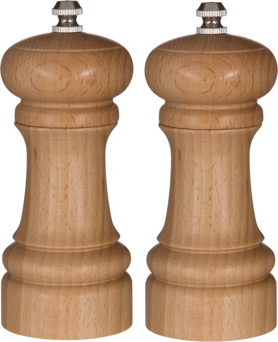 5Five Pepermolen/zoutmolen hout beige 14 cm - Set van 2x stuks