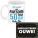 Bellatio Decorations Verjaardag cadeau koffiemok - thema 50 jaar - man - awesome - met gefeliciteerd ouwe wenskaart - A5 - leeftijd humor