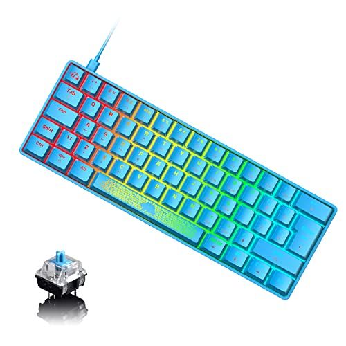 MAGIC-REFINER 60% Mechanisch Toetsenbord Blauwe Schakelaar, UK Layout Compact 62 Key USB C Draad RGB Backlit Effecten Ergonomisch Gaming Toetsenbord Regenboog LED Backlight Compatibel met PS4, Xbox, PC, Laptop, MAC - Blauw