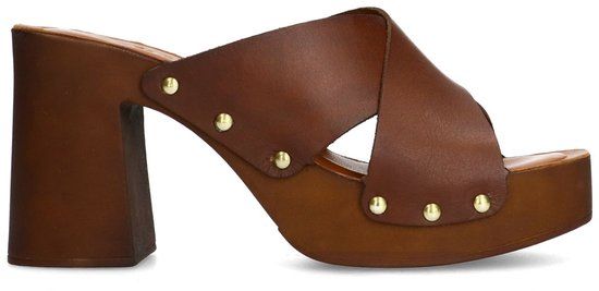 Sacha - Dames - Cognac leren muiltjes met plateau hak - Maat 39