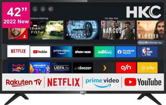 HKC HV42F1 TV 42 inch (106 cm) Smart TV met met Netflix, Prime Video, Rakuten TV, DAZN, Disney+, Youtube, UVM, Wifi, Triple Tuner DVB-T2 / S2 / C, Dolby Audio