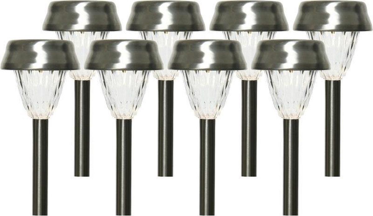 Lumineo 8x Buiten LED RVS lantaarn stekers solar verlichting 24 cm - Zilver
